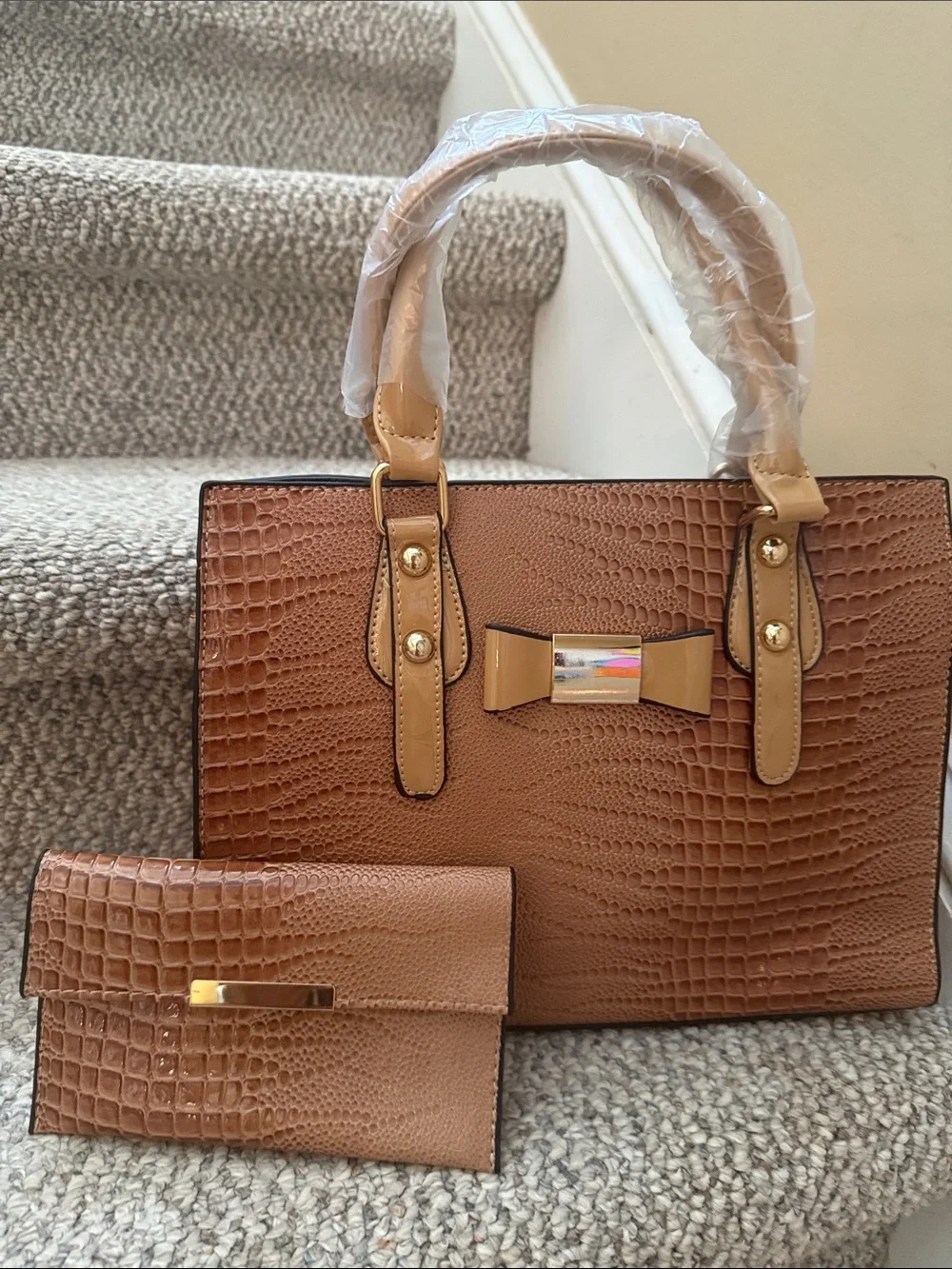 Croc-Embossed Bow Satchel in Cognac